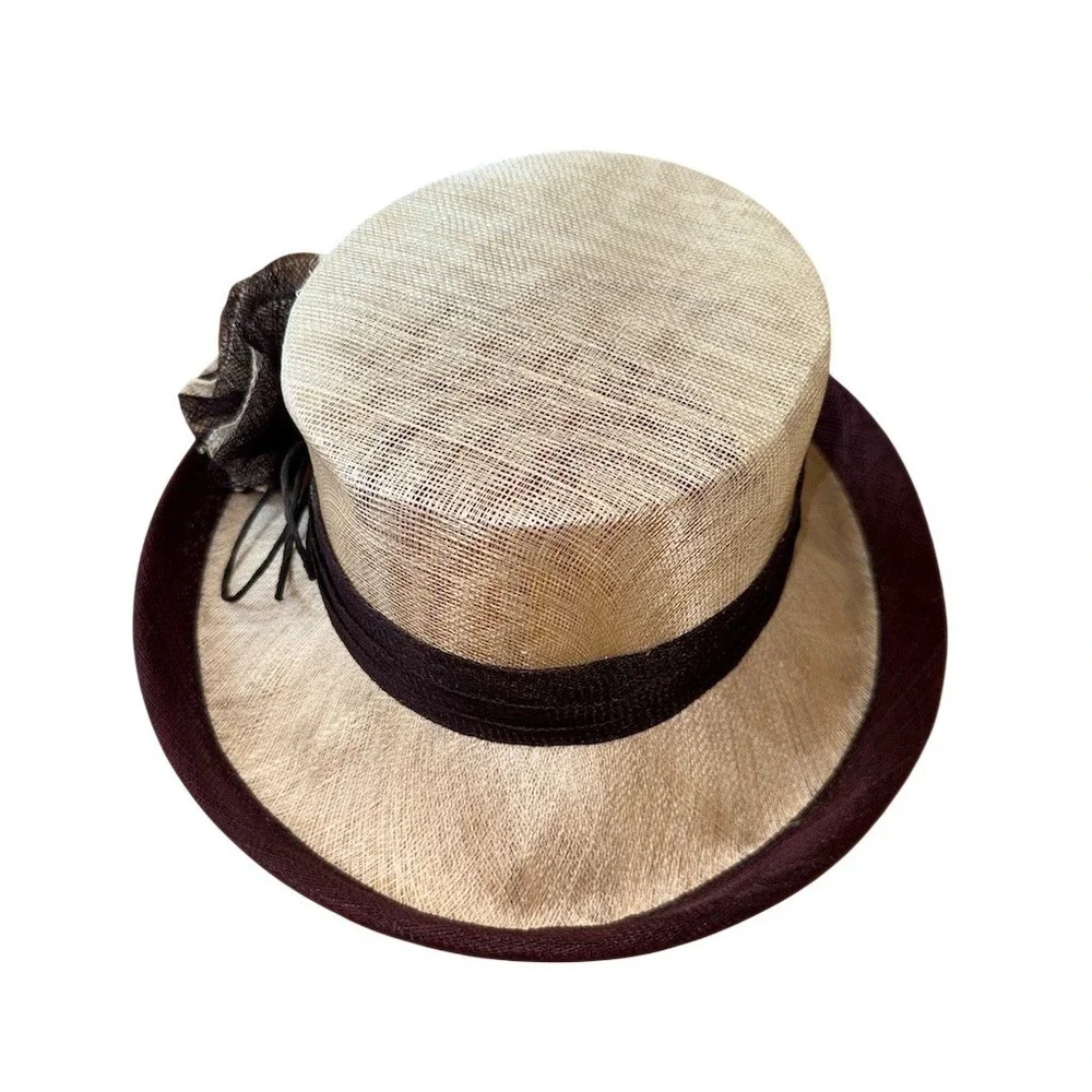 Sinamy Womens Derby Church Boater Hat One Size Beige Black Trim Flower wide brim